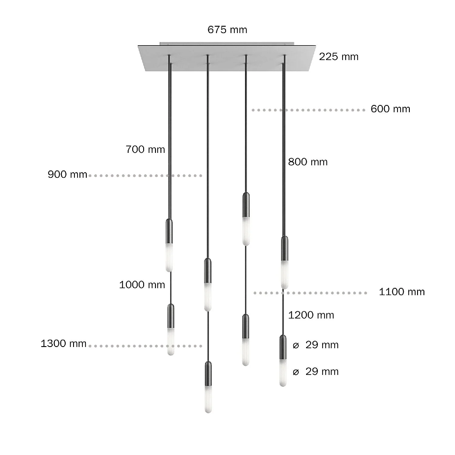 Suspension à 8 descentes avec XXL Rose-One rectangulaire 675 mm et finitions métalliques - Noir mat - Image 6