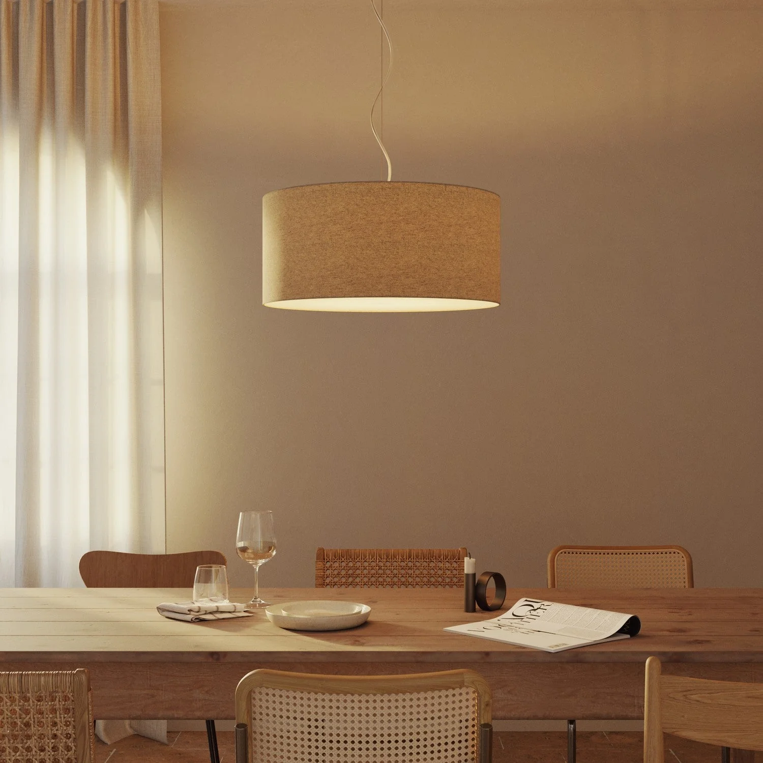 Suspension avec abat-jour en tissu Cylindre Large - Fabriqué en Italie - Laine Beige - Image 8