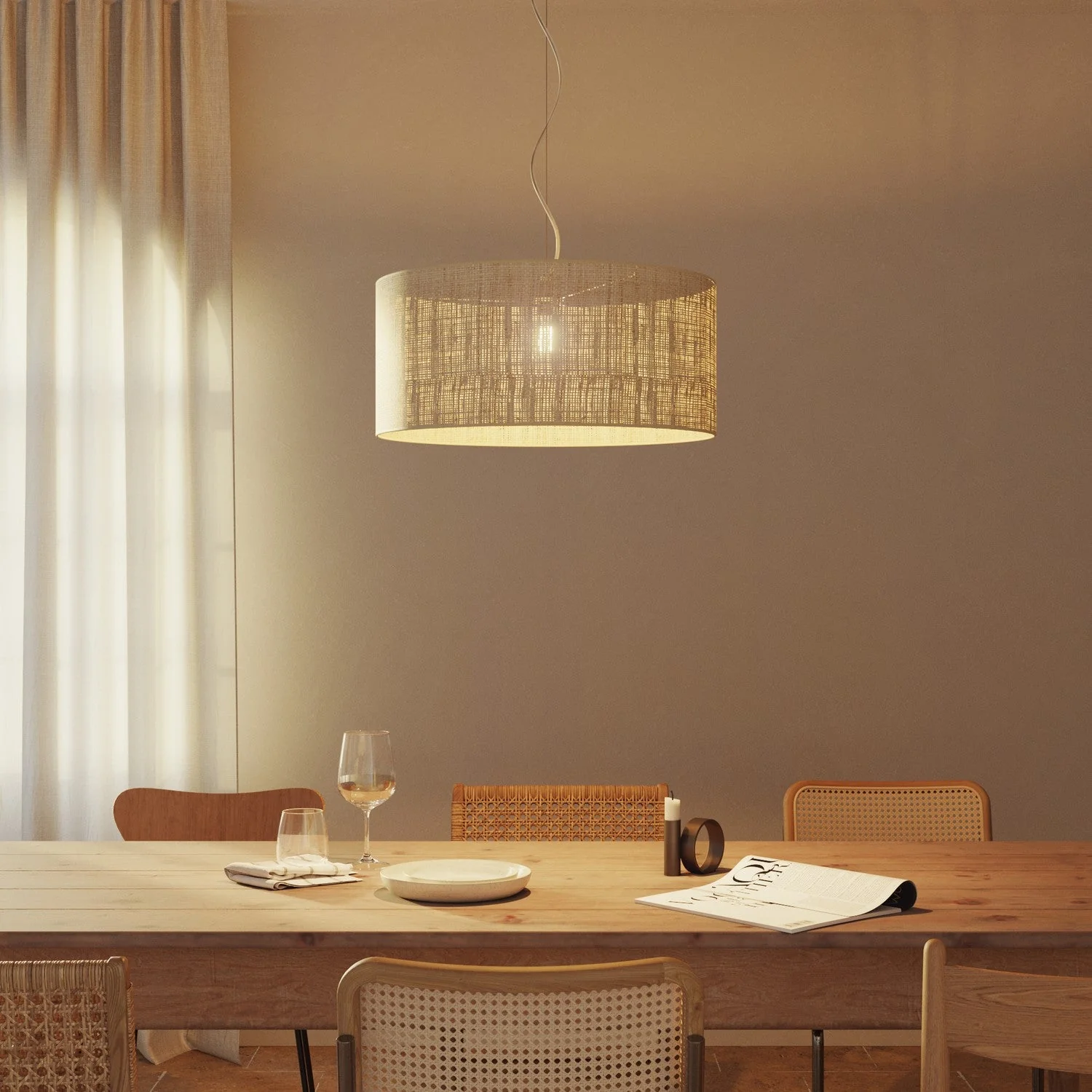 Suspension avec abat-jour en tissu Cylindre Large - Made in Italy - Raphia - Image 2