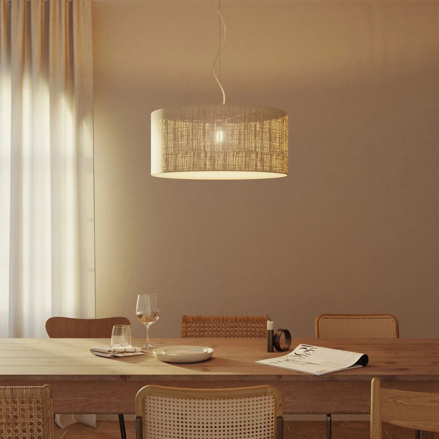Suspension avec abat-jour en tissu Cylindre Large - Made in Italy - Raphia - Image 8