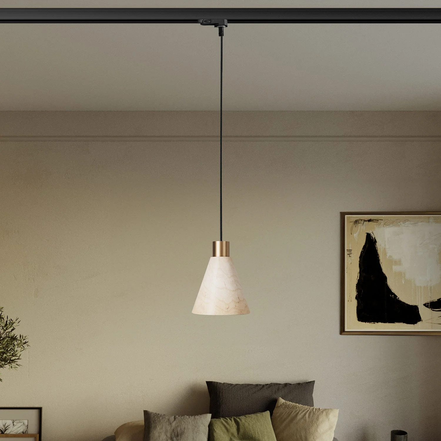 Lampe suspendue pour rails avec abat-jour conique en bois - Bronze satiné - Image 2
