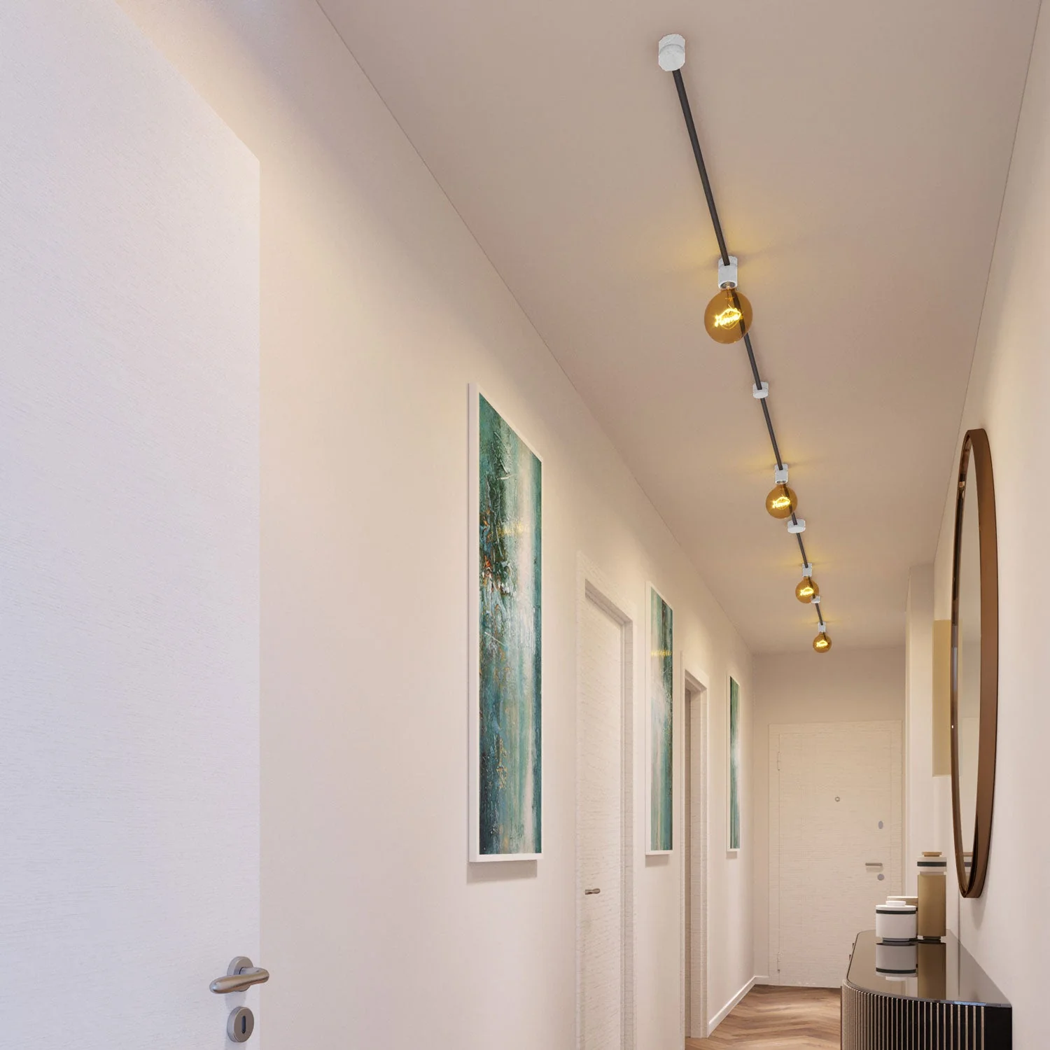 Système Filé Symmetric Kit - avec câble CM03 de 5 m pour guirlande lumineuse et 9 composants en bois peint blanc pour l’intérieur - Image 2