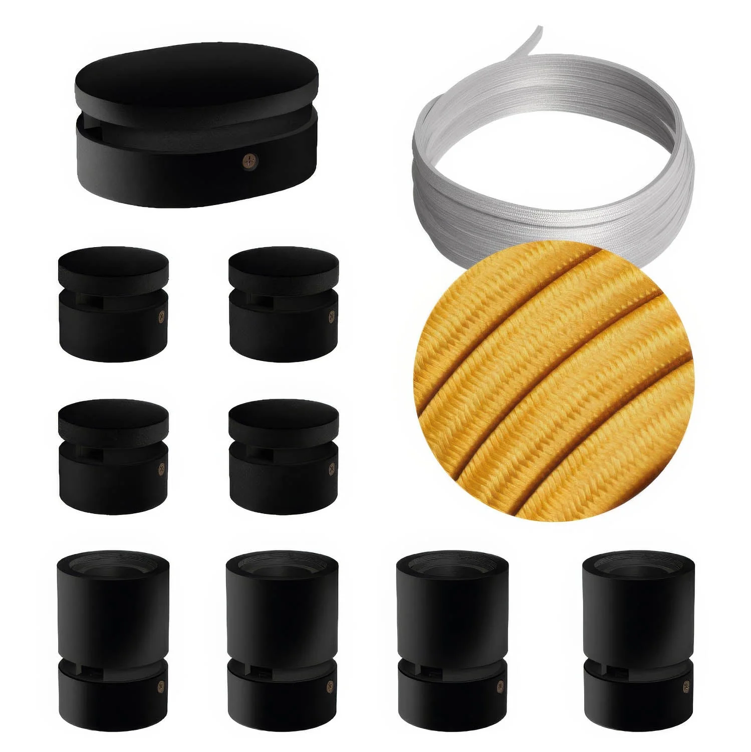 Système Filé Symmetric Kit - avec câble CM05 de 5 m pour guirlande lumineuse et 9 composants en bois peint en noir pour intérieur