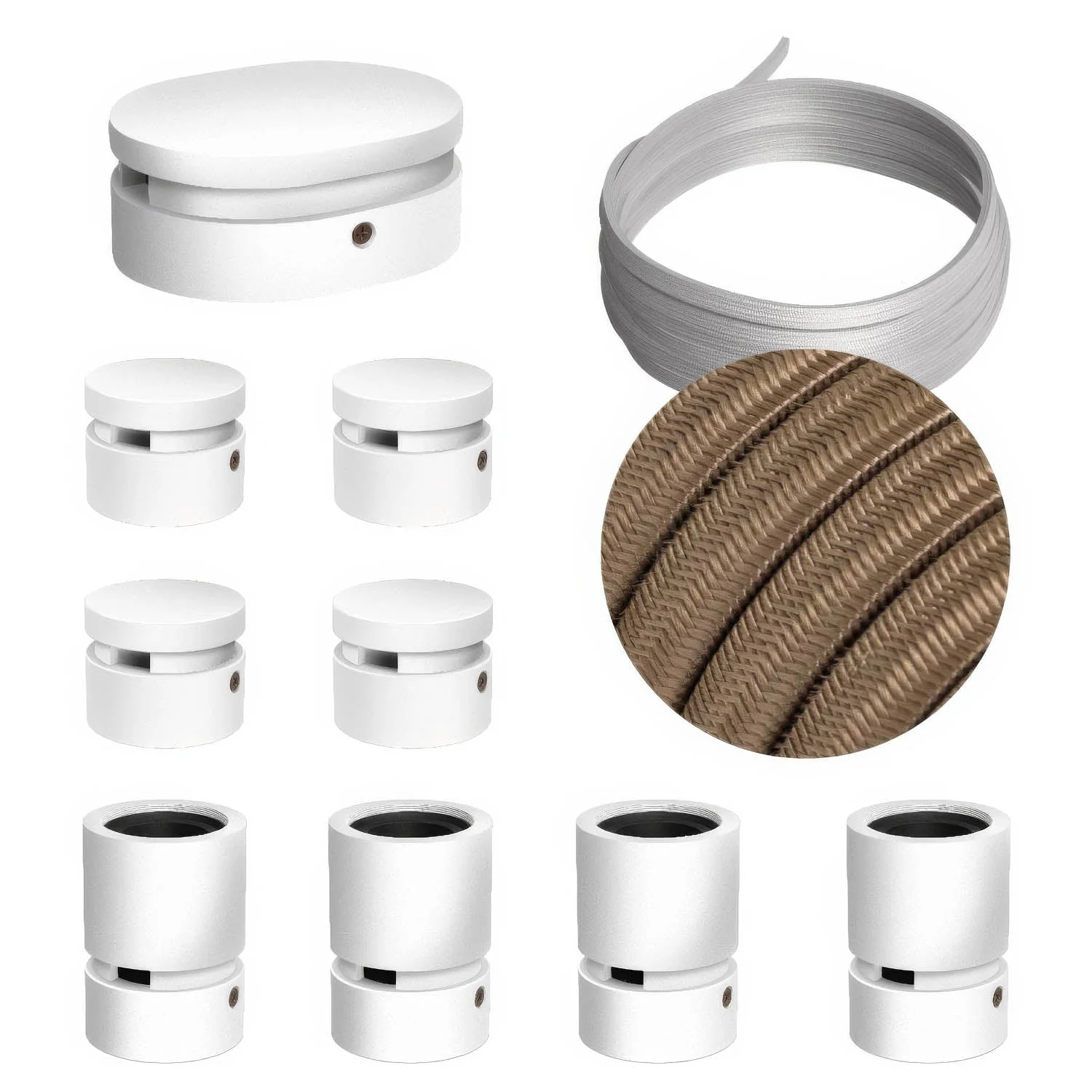 Système Filé Symmetric Kit - avec câble CM27 de 5 m pour guirlande lumineuse et 9 composants en bois peint en blanc pour intérieur